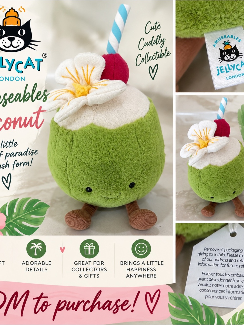 Jellycat Green Coconut plush with white flower & red cherry